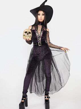 NEW Party King Purple Midnight Witch Costume Sexy laceup Bodysuit w/ bustle hat